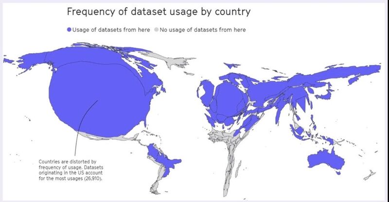 Mappa del mondo con i paesi deformati in base alla quantità di informazioni di quel paese utilizzate per l'addestramento delle intelligenze artificiali e di ChatGPT